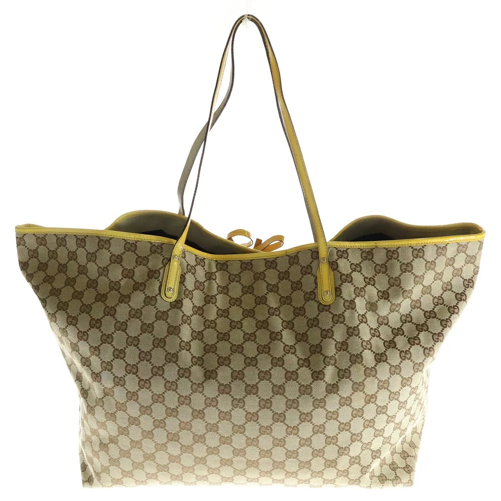 Gucci Pug Canvas Tote GG Beige Bag Handbag Leather Yellow